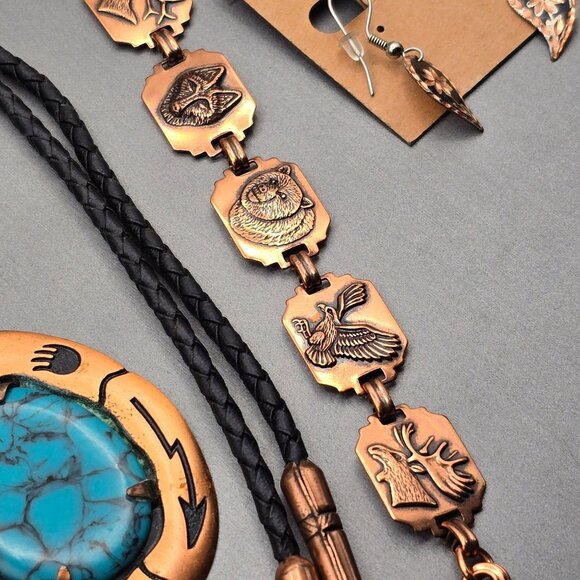 VTG Southwestern Copper & Turquoise Jewelry Equestrian Western Signed Lot of 7 - Picture 6 of 11